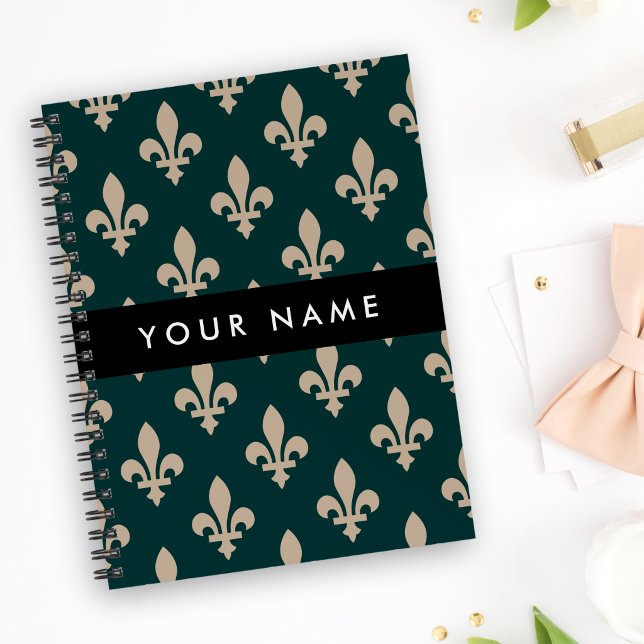 Fleur de Lis, Beige on Green, Royal, Your Name Notebook (Creator Uploaded)