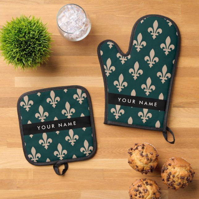 Fleur de Lis, Beige on Green, Royal, Your Name Oven Mitt & Pot Holder Set (Top Down)