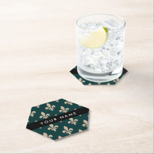 Fleur de Lis, Beige on Green, Royal, Your Name Paper Coaster