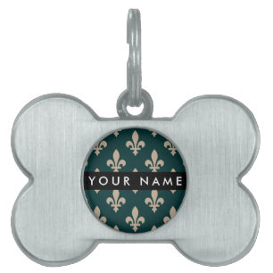 Fleur de Lis, Beige on Green, Royal, Your Name Pet ID Tag