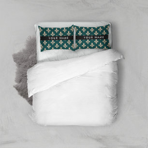 Fleur de Lis, Beige on Green, Royal, Your Name Pillowcase