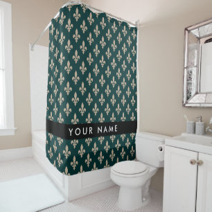 Fleur de Lis, Beige on Green, Royal, Your Name Shower Curtain