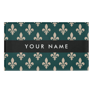 Fleur de Lis, Beige on Green, Royal, Your Name Tag