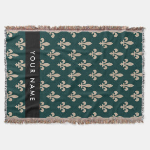 Fleur de Lis, Beige on Green, Royal, Your Name Throw Blanket