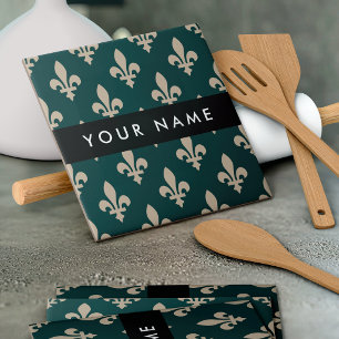 Fleur de Lis, Beige on Green, Royal, Your Name Tile