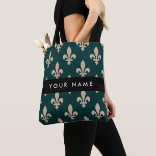 Fleur de Lis, Beige on Green, Royal, Your Name Tote Bag