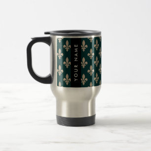 Fleur de Lis, Beige on Green, Royal, Your Name Travel Mug