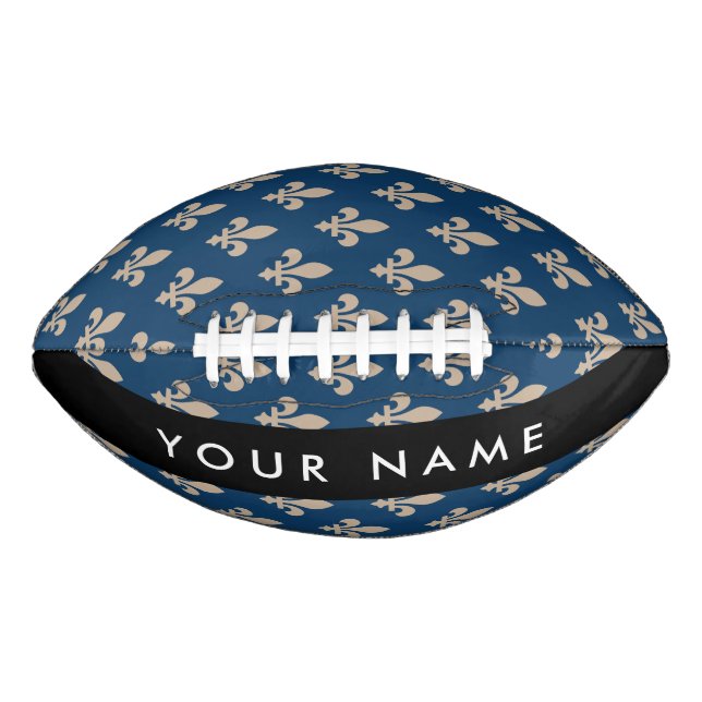 Fleur de Lis, Beige on Navy Blue, Royal, Your Name American Football (Front)