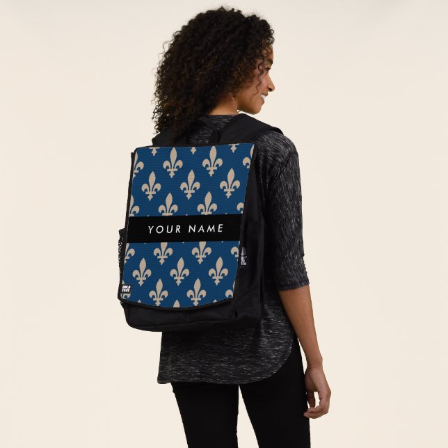 Fleur de Lis, Beige on Navy Blue, Royal, Your Name Backpack (Worn)