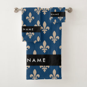 Fleur de Lis, Beige on Navy Blue, Royal, Your Name Bath Towel Set