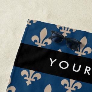 Fleur de Lis, Beige on Navy Blue, Royal, Your Name Beach Towel
