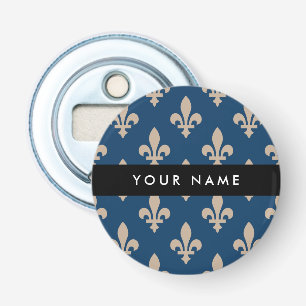 Fleur de Lis, Beige on Navy Blue, Royal, Your Name Bottle Opener
