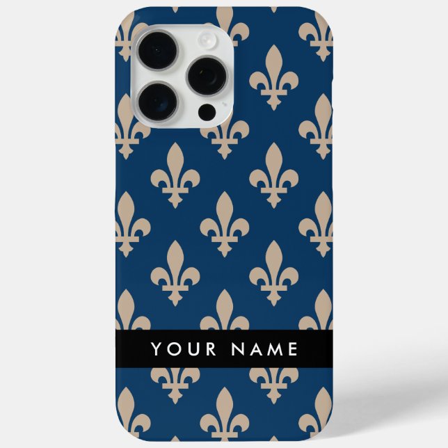 Fleur de Lis, Beige on Navy Blue, Royal, Your Name Case-Mate iPhone Case (Back)