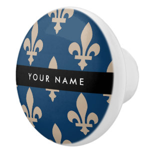 Fleur de Lis, Beige on Navy Blue, Royal, Your Name Ceramic Knob