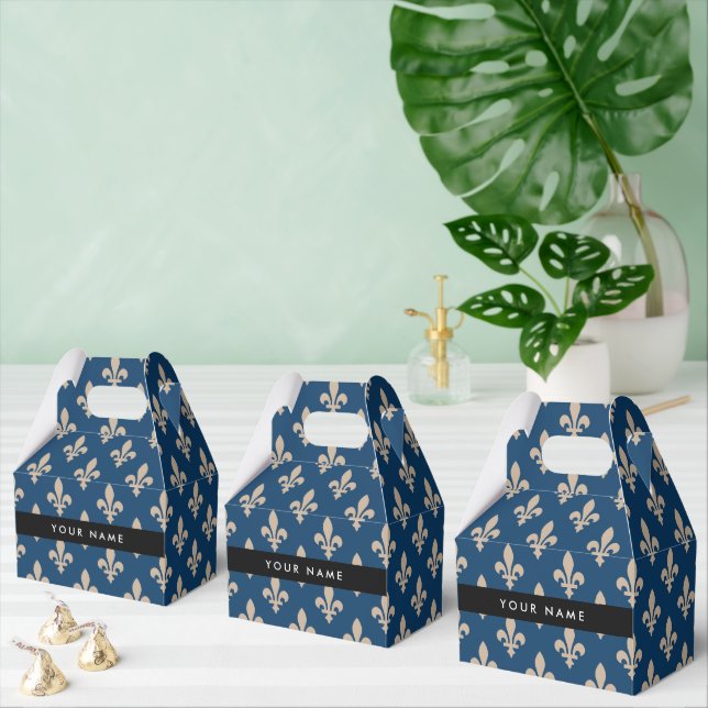 Fleur de Lis, Beige on Navy Blue, Royal, Your Name Favour Box (Multiple)