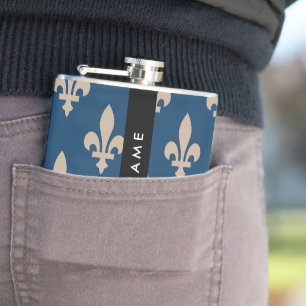 Fleur de Lis, Beige on Navy Blue, Royal, Your Name Hip Flask