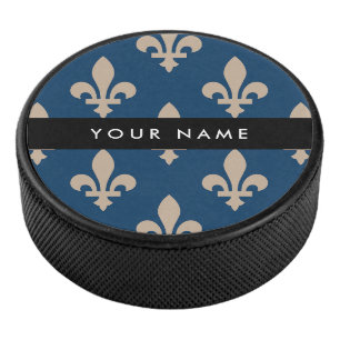Fleur de Lis, Beige on Navy Blue, Royal, Your Name Hockey Puck