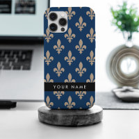 Fleur de Lis, Beige on Navy Blue, Royal, Your Name