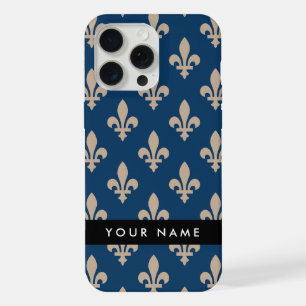 Fleur de Lis, Beige on Navy Blue, Royal, Your Name iPhone 15 Pro Max Case