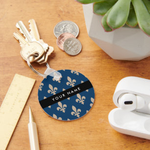 Fleur de Lis, Beige on Navy Blue, Royal, Your Name Key Ring