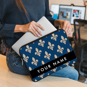 Fleur de Lis, Beige on Navy Blue, Royal, Your Name Laptop Sleeve