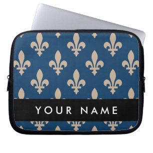 Fleur de Lis, Beige on Navy Blue, Royal, Your Name Laptop Sleeve