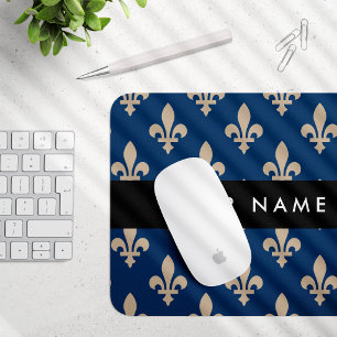 Fleur de Lis, Beige on Navy Blue, Royal, Your Name Mouse Mat