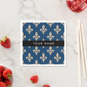 Fleur de Lis, Beige on Navy Blue, Royal, Your Name Napkin