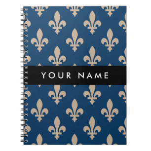 Fleur de Lis, Beige on Navy Blue, Royal, Your Name Notebook
