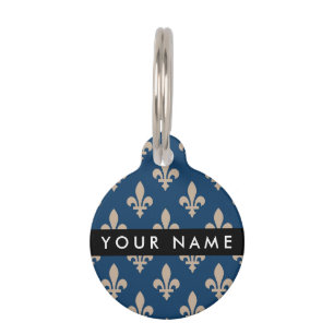 Fleur de Lis, Beige on Navy Blue, Royal, Your Name Pet Tag