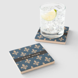 Fleur de Lis, Beige on Navy Blue, Royal, Your Name Stone Coaster
