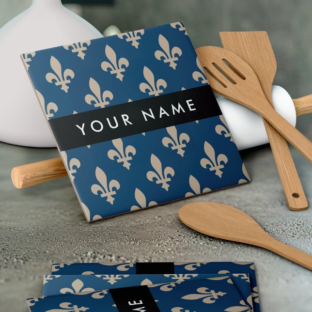 Fleur de Lis, Beige on Navy Blue, Royal, Your Name Tile (Creator Uploaded)