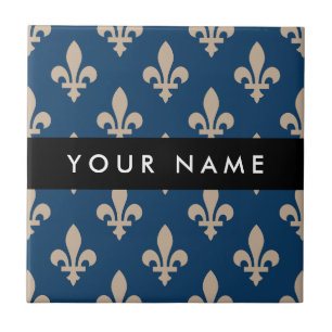 Fleur de Lis, Beige on Navy Blue, Royal, Your Name Tile