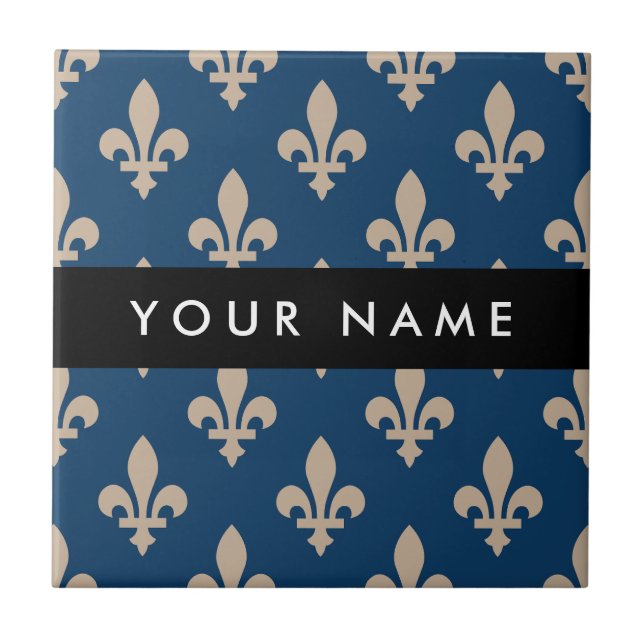 Fleur de Lis, Beige on Navy Blue, Royal, Your Name Tile (Front)