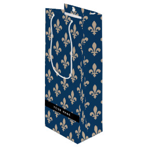 Fleur de Lis, Beige on Navy Blue, Royal, Your Name Wine Gift Bag