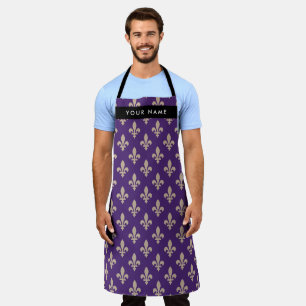 Fleur de Lis, Beige on Purple, Royal, Your Name Apron
