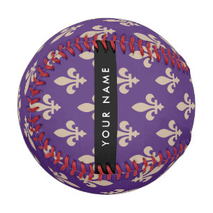 Fleur de Lis, Beige on Purple, Royal, Your Name Baseball