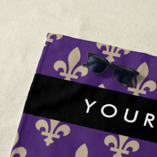 Fleur de Lis, Beige on Purple, Royal, Your Name Beach Towel