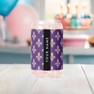 Fleur de Lis, Beige on Purple, Royal, Your Name Can Glass