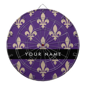 Fleur de Lis, Beige on Purple, Royal, Your Name Dartboard
