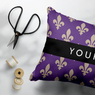 Fleur de Lis, Beige on Purple, Royal, Your Name Decorative Cushion