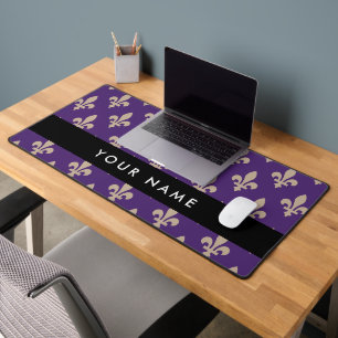 Fleur de Lis, Beige on Purple, Royal, Your Name Desk Mat