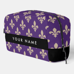 Fleur de Lis, Beige on Purple, Royal, Your Name Dopp Kit