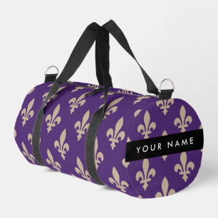 Fleur de Lis, Beige on Purple, Royal, Your Name Duffle Bag