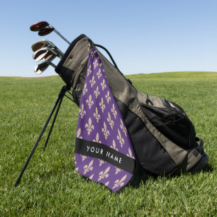 Fleur de Lis, Beige on Purple, Royal, Your Name Golf Towel