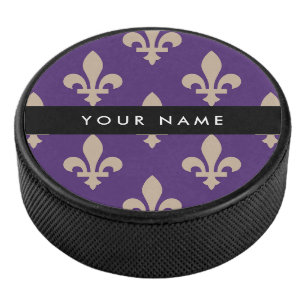 Fleur de Lis, Beige on Purple, Royal, Your Name Hockey Puck