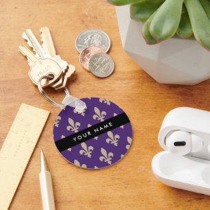 Fleur de Lis, Beige on Purple, Royal, Your Name Key Ring