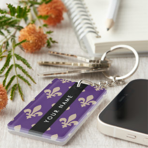 Fleur de Lis, Beige on Purple, Royal, Your Name Key Ring