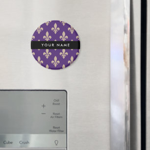 Fleur de Lis, Beige on Purple, Royal, Your Name Magnet