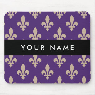 Fleur de Lis, Beige on Purple, Royal, Your Name Mouse Mat